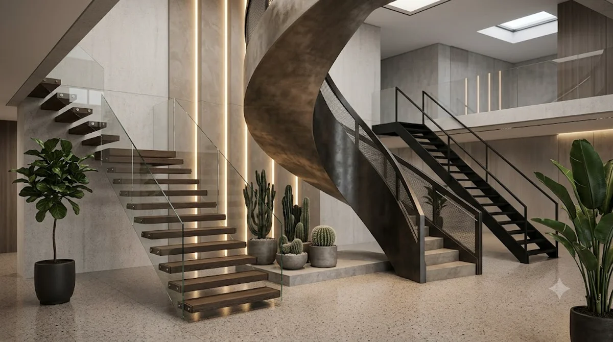 Moderna scala in metallo architettonica con balaustra in vetro in una hall commerciale ad alto traffico di un ufficio contemporaneo.
