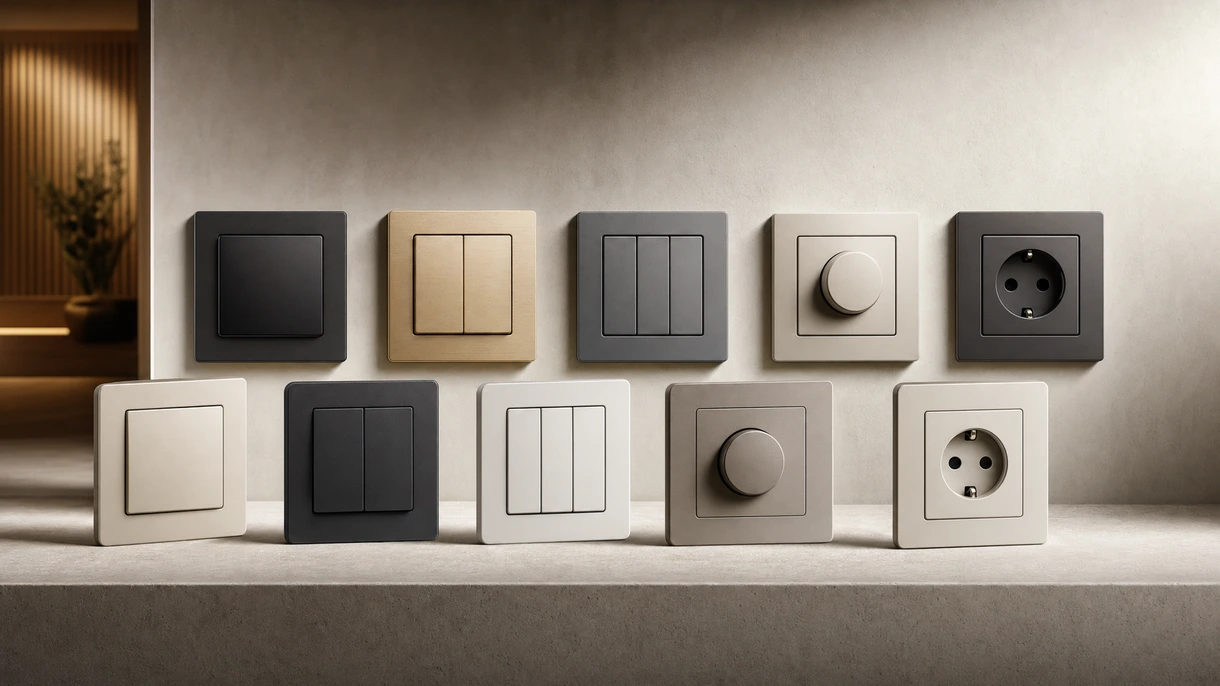 Interruttore ad incasso nero opaco in stile minimalista installato sulla parete di un ufficio contemporaneo, caratterizzato da un'integrazione perfetta e un design professionale.