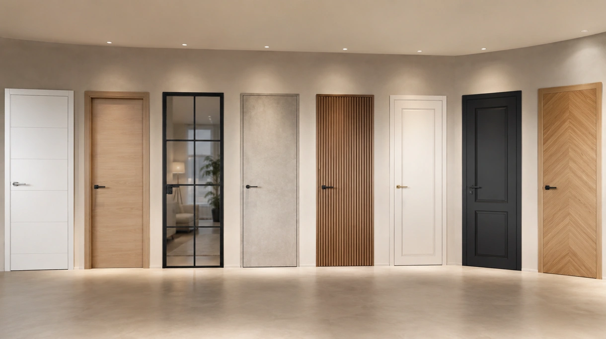 Porta da interno filomuro minimalista nel corridoio di un ufficio aziendale con accesso intelligente integrato e ferramenta nero opaco.