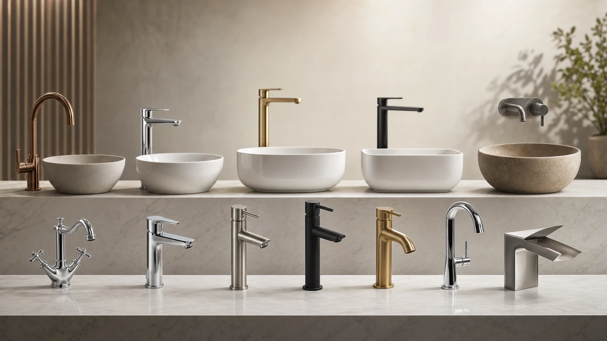 Bagno moderno di un hotel con rubinetteria per lavabo cromata a parete integrata in un mobile lavabo in marmo minimalista per un'estetica di lusso.