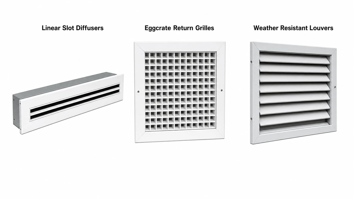 Primo piano tecnico di una griglia di ventilazione in acciaio inox che mostra l'angolazione di precisione delle alette e i dettagli della finitura resistente alle intemperie.