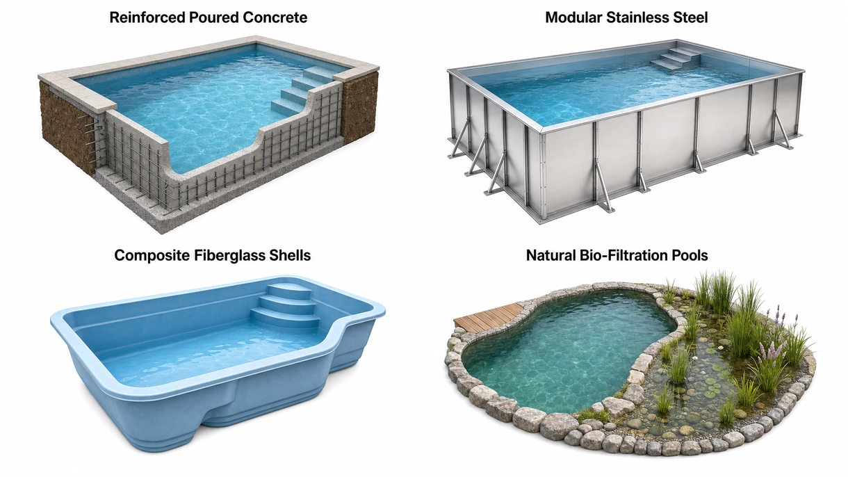Dettaglio tecnico di un sistema di filtrazione per piscine, inclusi pompe a velocità variabile e unità di dosaggio chimico automatico in un locale tecnico.
