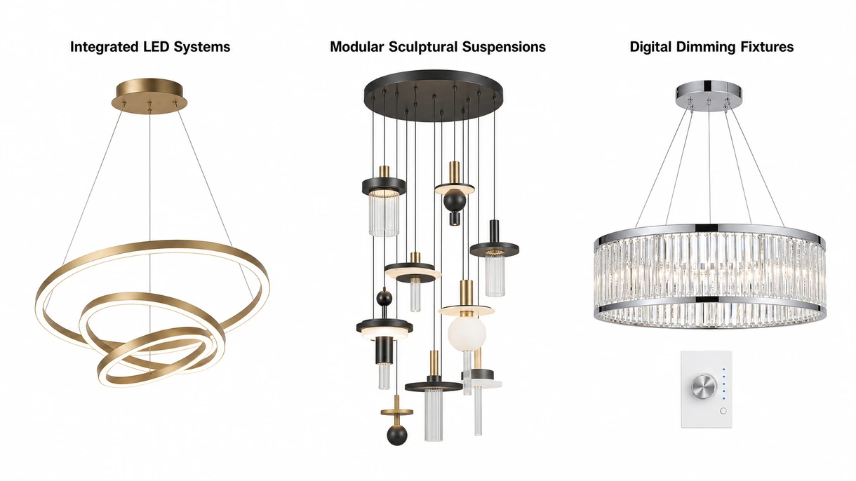 Dettaglio tecnico di un lampadario contemporaneo che mostra i moduli LED integrati e i componenti dell'alloggiamento in metallo lavorati di precisione.