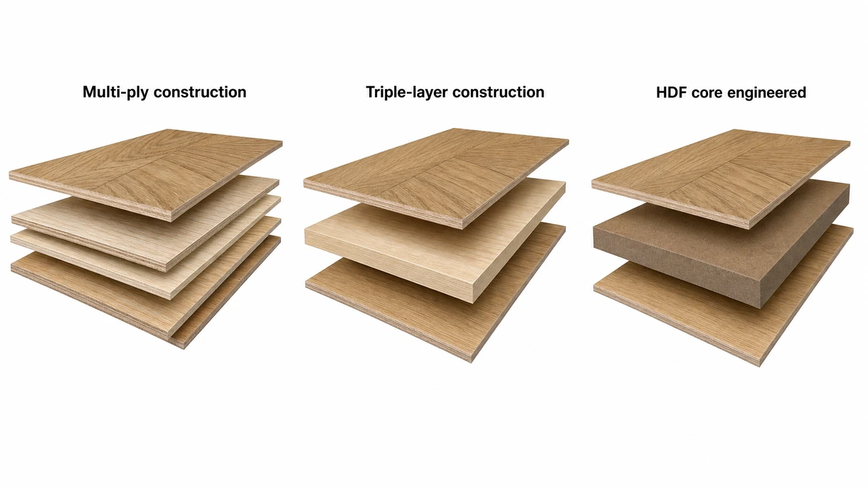 Dettaglio tecnico della sezione trasversale di un parquet multistrato che mostra lo strato d'usura in rovere massiccio e la costruzione del supporto in multistrato di betulla.