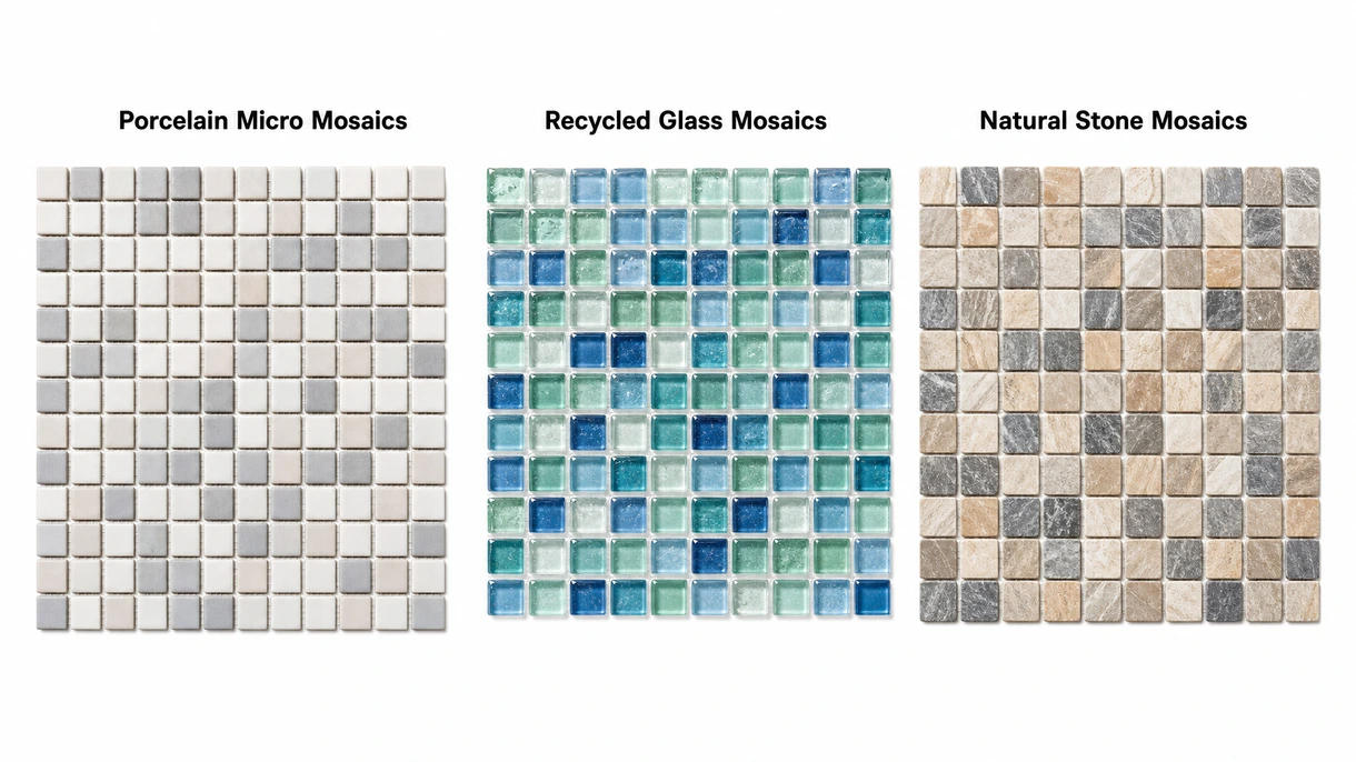 Vista tecnica macro di mosaico in gres porcellanato montato su rete che mostra la spaziatura uniforme dei fogli e lo spessore costante del materiale per la specifica tecnica.