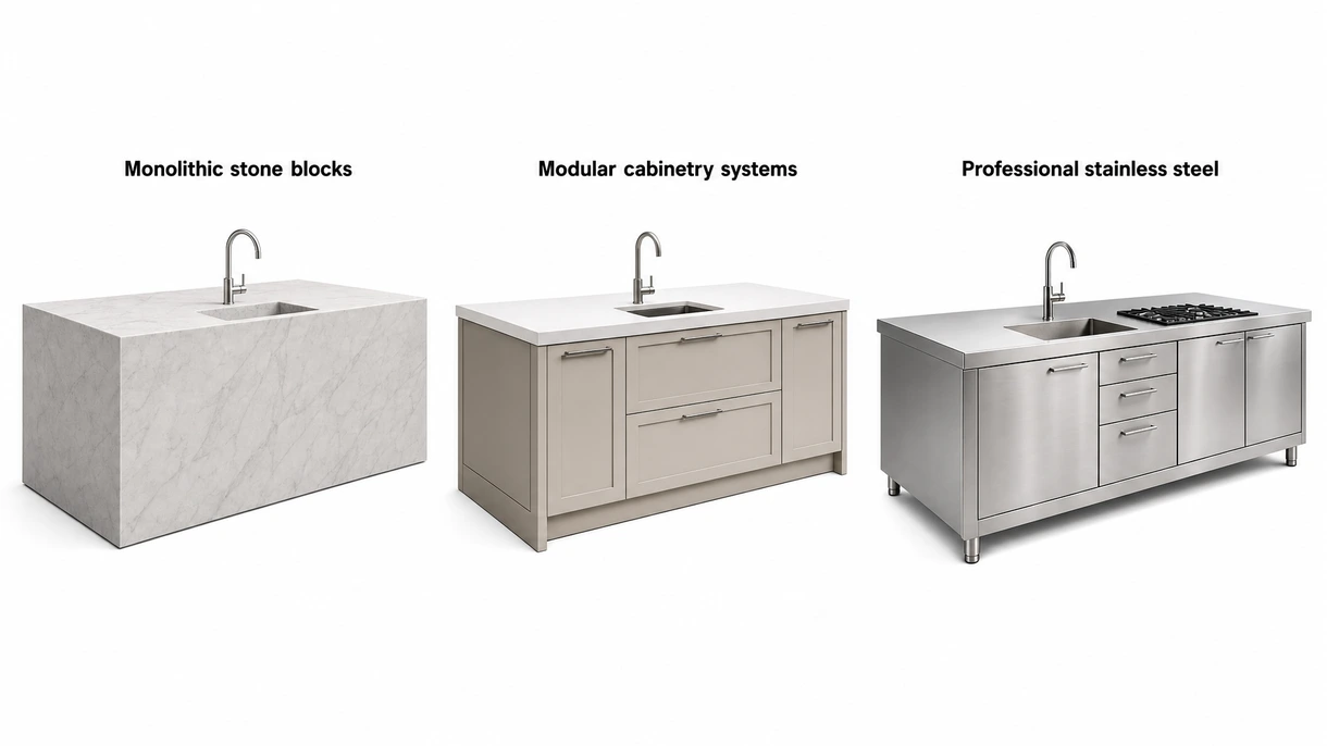 Primo piano di un piano cottura a induzione professionale integrato sotto un piano di lavoro per cucina con isola in gres porcellanato resistente al calore e senza fughe.