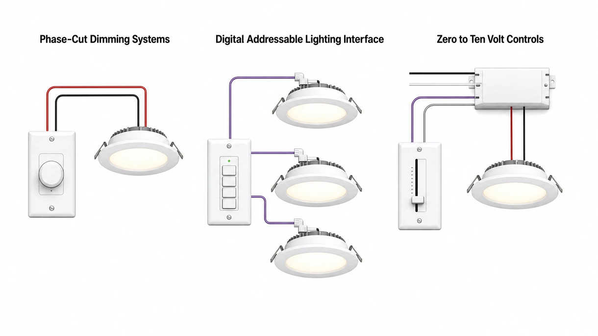 Primo piano tecnico di un driver LED ad alte prestazioni che mostra i collegamenti dei terminali e l'interfaccia del protocollo di dimmerazione digitale per l'automazione.