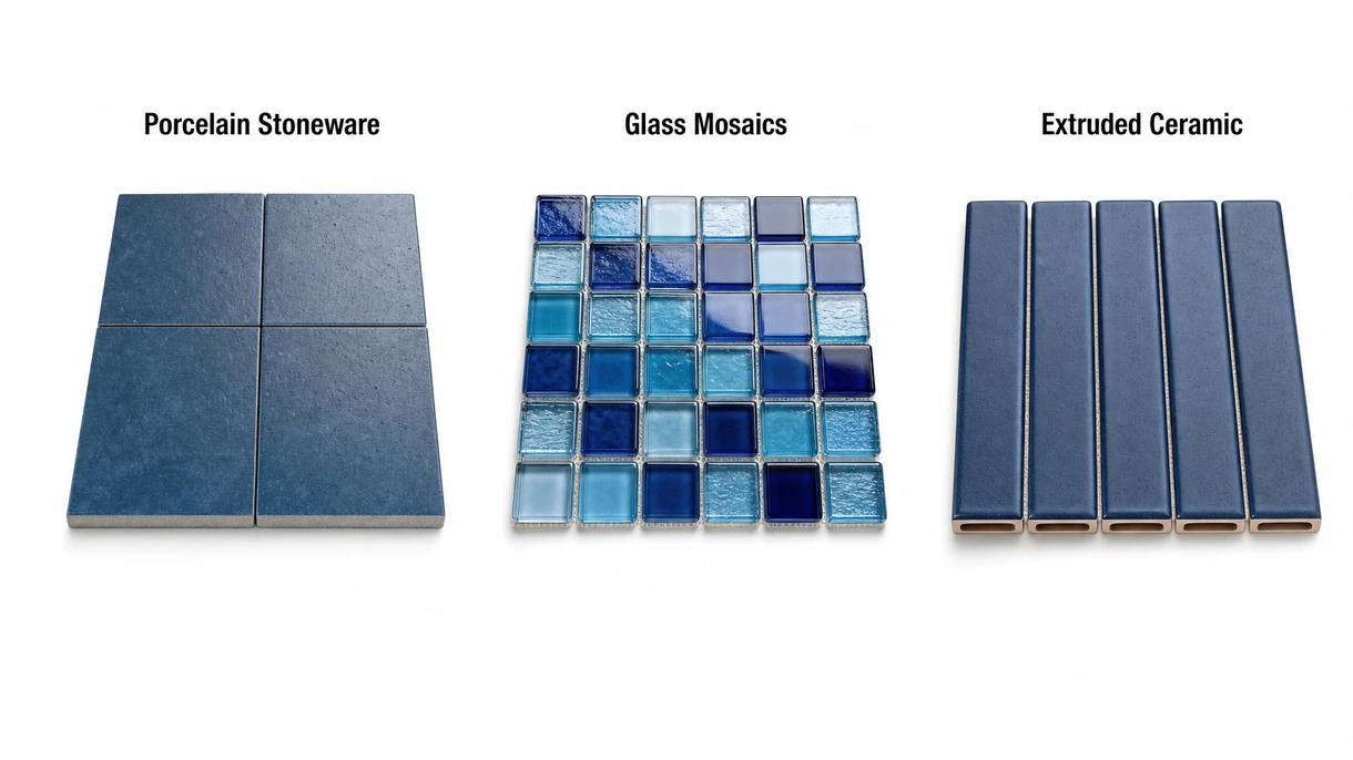 Vista macro tecnica di un mosaico vetroso per piscine che mostra il supporto in rete e la finitura resistente ai prodotti chimici per specifiche commerciali.