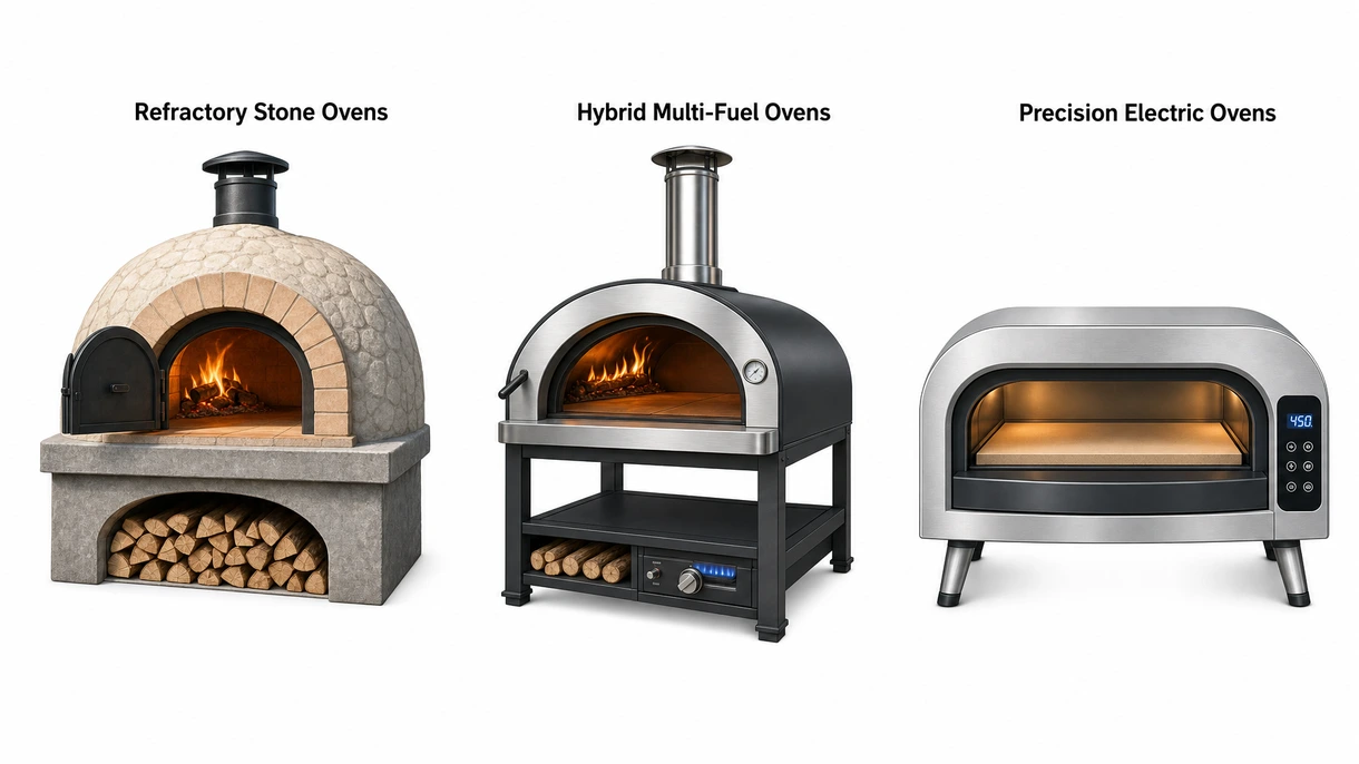 Dettaglio tecnico di un piano in pietra refrattaria ad alta densità e del gruppo bruciatore a gas all'interno di un forno a pizza commerciale.