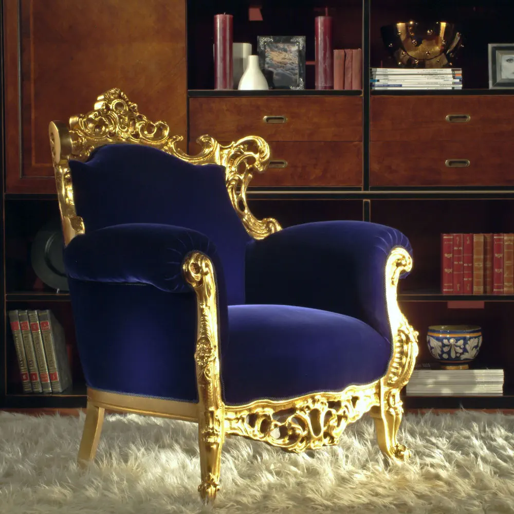 Poltrona Barocca Stile Luigi XVI - Tessuto Rosso E Oro Con Struttura In Legno - Elegante Sedia Da Salotto - Foto 5