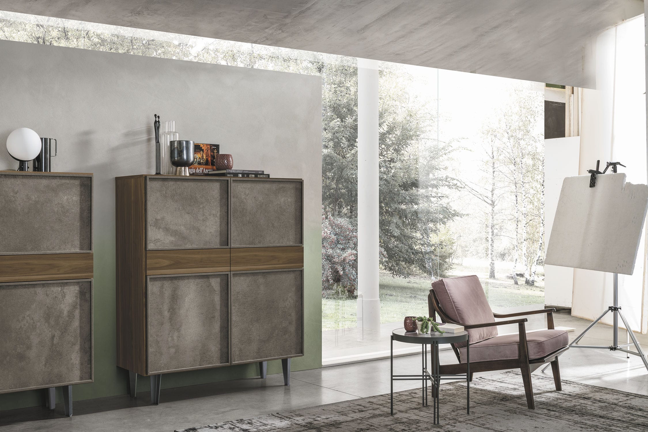 Credenza alta / moderna / impiallacciata in legno / in metallo laccato