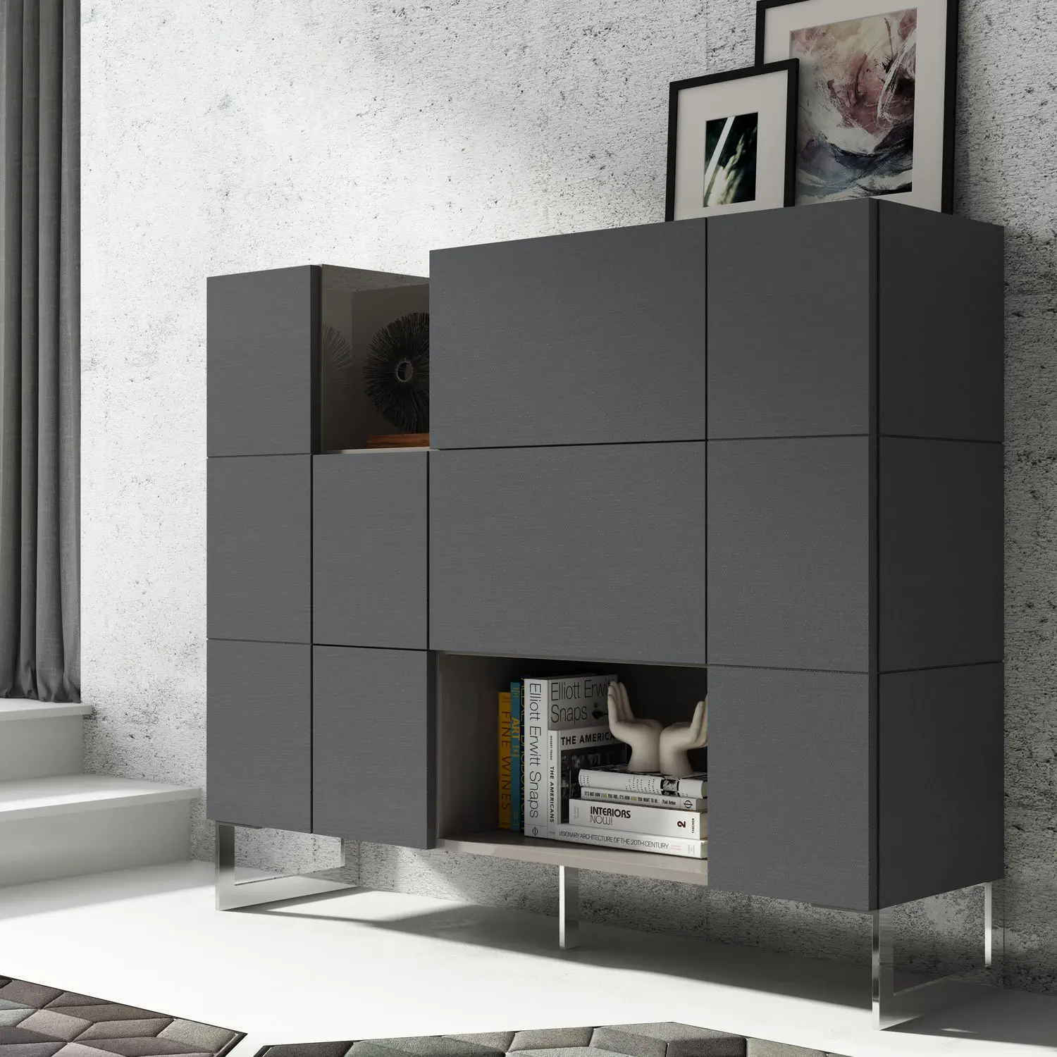 Habitdesign Credenza 3 ante Bueffet per soggiorno, armadio ausiliario, modello Kikua Plus, finitura bianca Artik e rovere canadese, dimensioni: 154 cm (larghezza) x 75 cm (altezza) x 40 cm (profondità