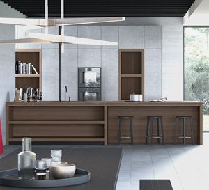 cucina moderna / in noce americano / con isola / senza maniglie