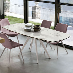 tavolo da pranzo moderno / in vetro temprato / in gres porcellanato / con supporto in metallo spazzolato
