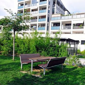 tavolo da picnic moderno / in legno di latifoglie / con supporto in acciaio galvanizzato / rettangolare