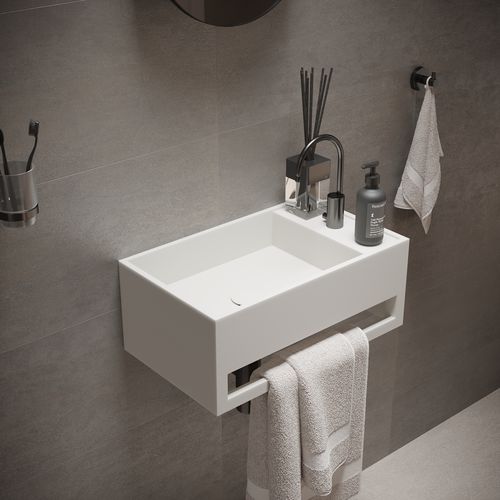 Lavabo sospeso - 277033 SOLIDCUBE-TB - IDEAVIT B.V - in Solid Surface / con portasalviette integrato / rettangolare