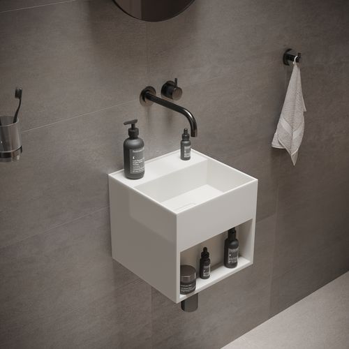 Lavabo sospeso - 290321 SOLIDBLISS-30SH - IDEAVIT B.V - in Solid Surface / con scaffale integrato / quadrato