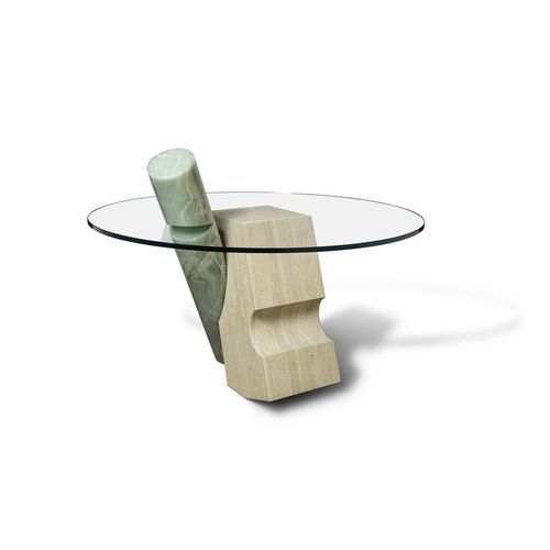 Tavolo d'appoggio contemporaneo - PIERCE - BUDRI - in vetro temprato / con supporto in travertino / circolare