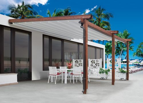Pergola addossata - ONDALEVEL - IL CEPPO - in legno / con copertura scorrevole in tela PVC / contract