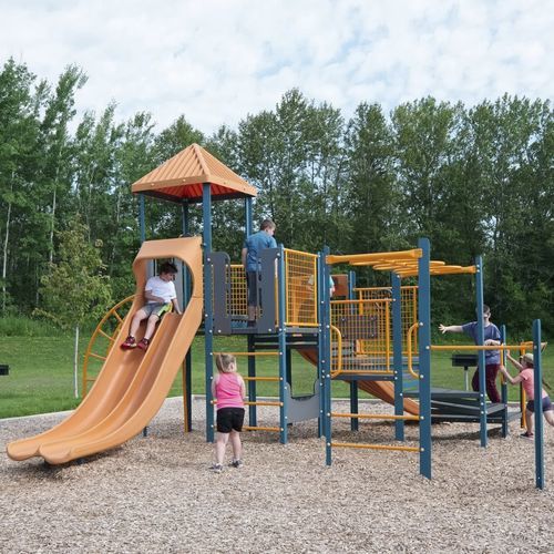 Struttura ludica per parco giochi - PlaySense - Design 402 - LANDSCAPE STRUCTURES - in acciaio con rivestimento a polvere / in polietilene / in plastica riciclata