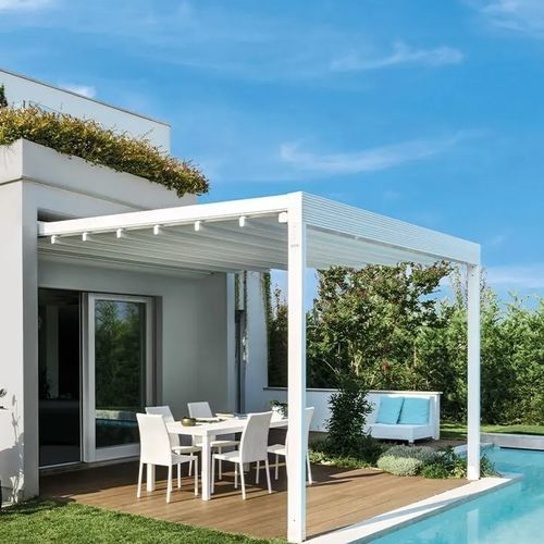 Pergola addossata - ABANO TERME - PADOVA - Gibus SPA - in metallo / in vetro / a lamelle frangisole