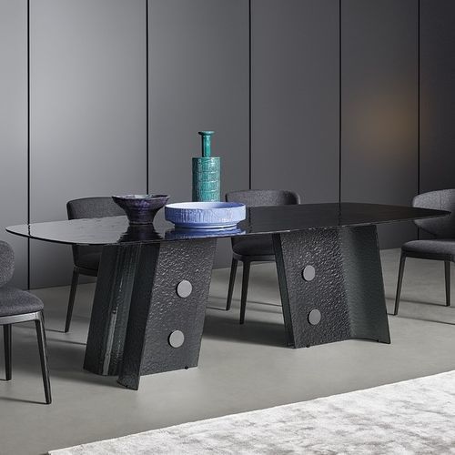 Tavolo da pranzo contemporaneo - Botón - BONALDO - in vetro temprato / in vetro fumè / con supporto in metallo verniciato