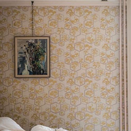 Carta da parati contemporanea - SHOUCHIKUBAI series - Farrow & Ball - con motivi geometrici / gialla / marrone