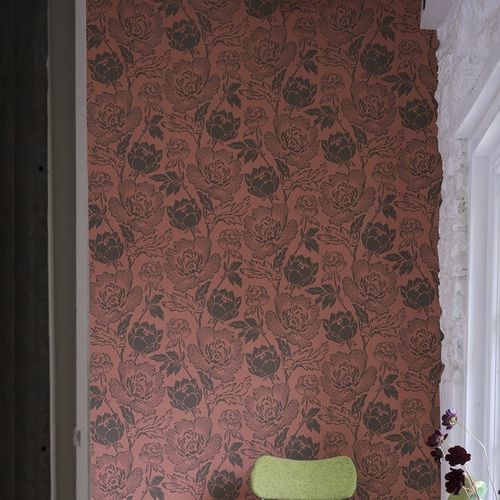 Carta da parati contemporanea - Peony series - Farrow & Ball - con motivi floreali / rossa / grigia