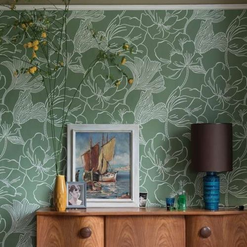 Carta da parati contemporanea - HELLEBORUS series - Farrow & Ball - a fiori / grigia / verde