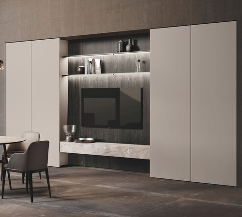 Parete attrezzata TV contemporaneo - MANTIS  - BINOVA S.p.A. - in legno laccato / in gres / con vano contenitore
