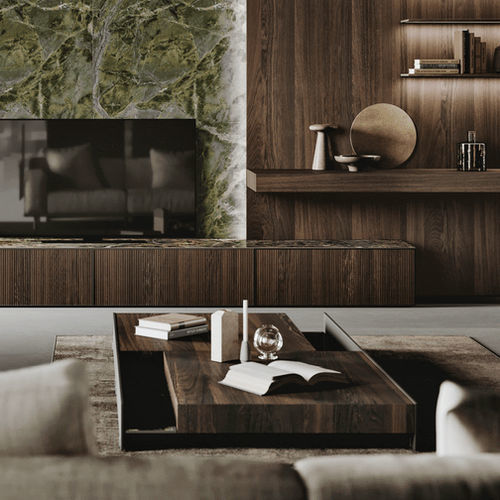 Tavolino basso contemporaneo - BINOVA S.p.A. - in rovere / in gres / con supporto in metallo laccato