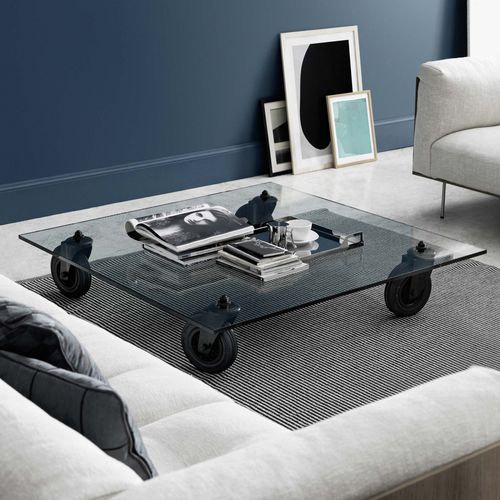Tavolino basso contemporaneo - TAVOLO CON RUOTE MEDIUM - FontanaArte - in vetro / con supporto in metallo / rettangolare