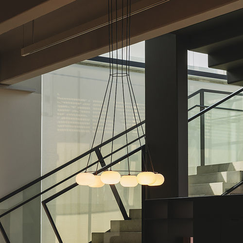 Lampadario contemporaneo - KNOCK - MILAN ILUMINACION - in acciaio laccato / in vetro soffiato / da 6 lampadine