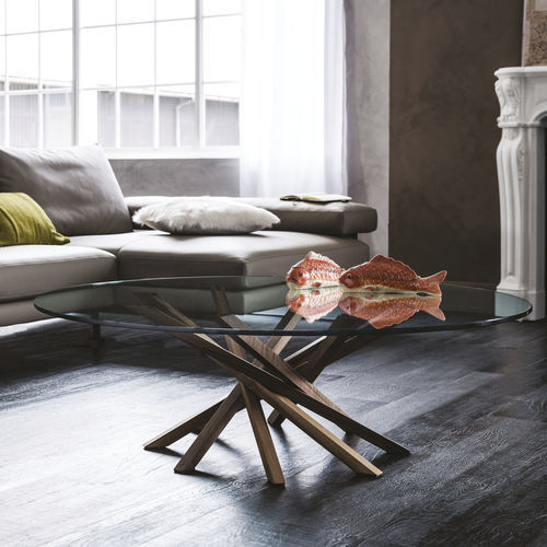 Tavolino basso contemporaneo - ATARI - Cattelan Italia - in vetro / con supporto in noce / rettangolare