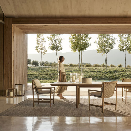 Tavolo da pranzo contemporaneo - AMANU - Tribù - in ceramica / con supporto in teak / rettangolare