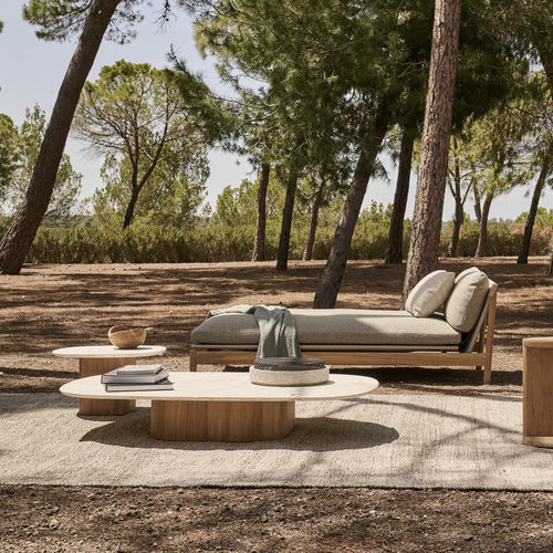 Tavolino basso contemporaneo - SEREN - Tribù - in travertino / in ceramica / con supporto in teak