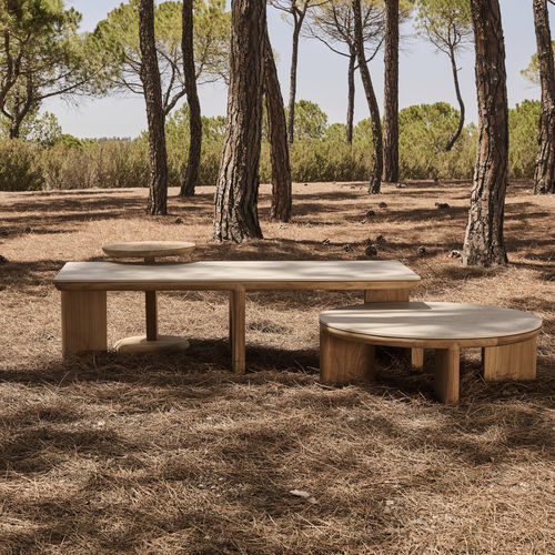 Tavolino basso contemporaneo - AMANU - Tribù - in ceramica / con supporto in teak / rettangolare