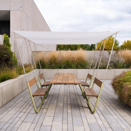 Tavolo da picnic contemporaneo - MANILLE - Steelcase - in legno / con supporto in metallo / rettangolare