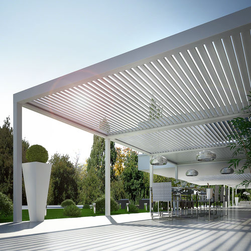 Pergola addossata - BIOSHADE  - DIRELLO S.R.L - in alluminio / a lamelle orientabili / a lamelle frangisole