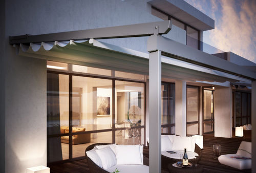 Pergola addossata - COMPAKT - DIRELLO S.R.L - in alluminio / con copertura scorrevole in tela PVC / modulabile