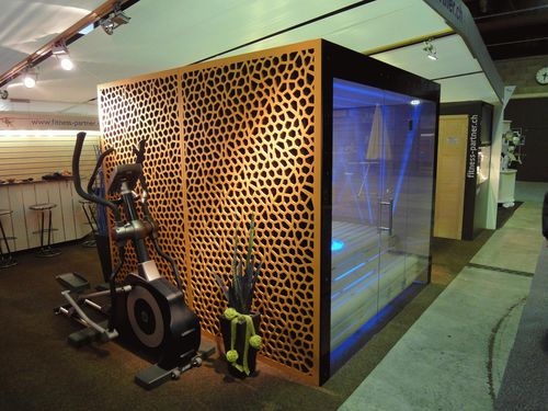 Rivestimento di facciata in pannelli - SAUNA OLMA - Bruag Design Factory AG - in fibra di legno / perforato / decorativo