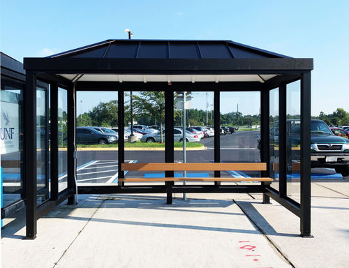 Pensilina per fermata d'autobus in alluminio anodizzato - SLIMLINE HIP - Brasco International Inc. - in alluminio perforato / in vetro temprato / in policarbonato
