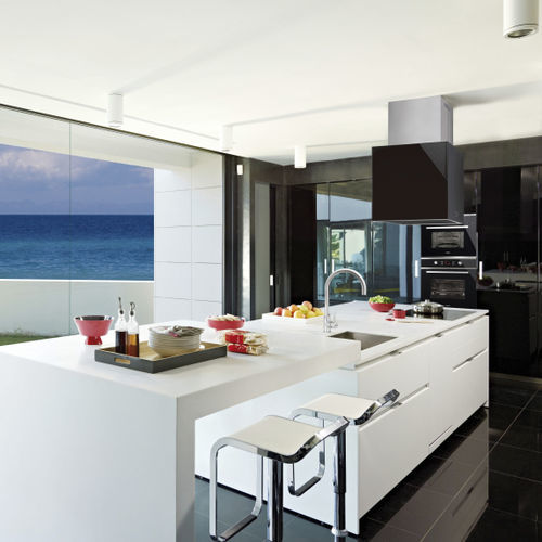 Cappa a isola - CUBE GLASS PREMIUM - Nodor - con condotto / con illuminazione integrata / design originale