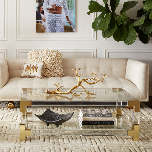 Tavolino basso contemporaneo - JACQUES GRAND - Jonathan Adler - in vetro / in ottone spazzolato / in acrilico