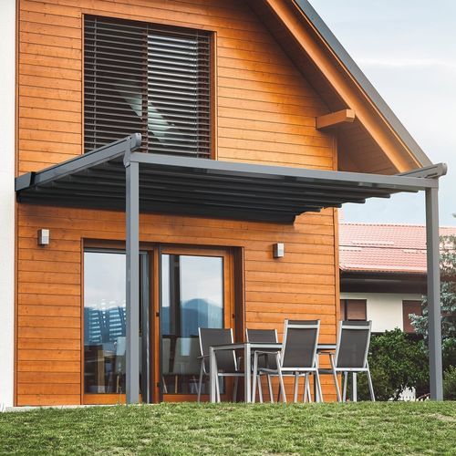 Pergola addossata - 690 - Kadeco Sonnenschutzsysteme GmbH - in acciaio inossidabile / in tessuto / con copertura in tela