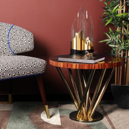 Tavolo d'appoggio contemporaneo - NEBULA - Malabar - impiallacciato in legno / con supporto in ottone lucido / rotondo