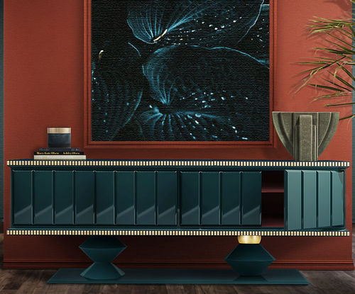Credenza classica - CORTEZ - Malabar - in legno dorato a foglia oro / in legno con vernice di protezione brillante / con ripiano