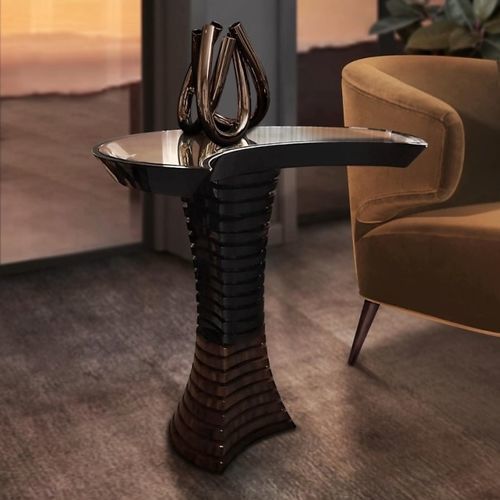 Tavolo d'appoggio contemporaneo - VOLUTE - Malabar - in vetro / in ferro / con supporto in legno laccato brillante