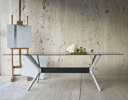 Tavolo da pranzo contemporaneo - ROOTS MARBLE CALACATTA - MAAMI HOME - in vetro temprato / con supporto in acciaio laccato / con supporto in marmo
