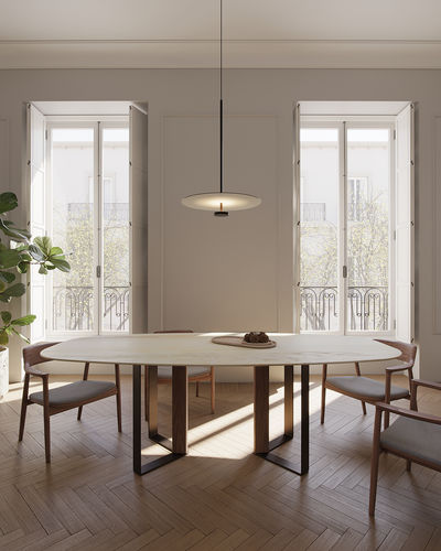 Tavolo da pranzo contemporaneo - NIBBLES ESTREMOZ - MAAMI HOME - in acciaio con rivestimento a polvere / in marmo / con supporto in noce